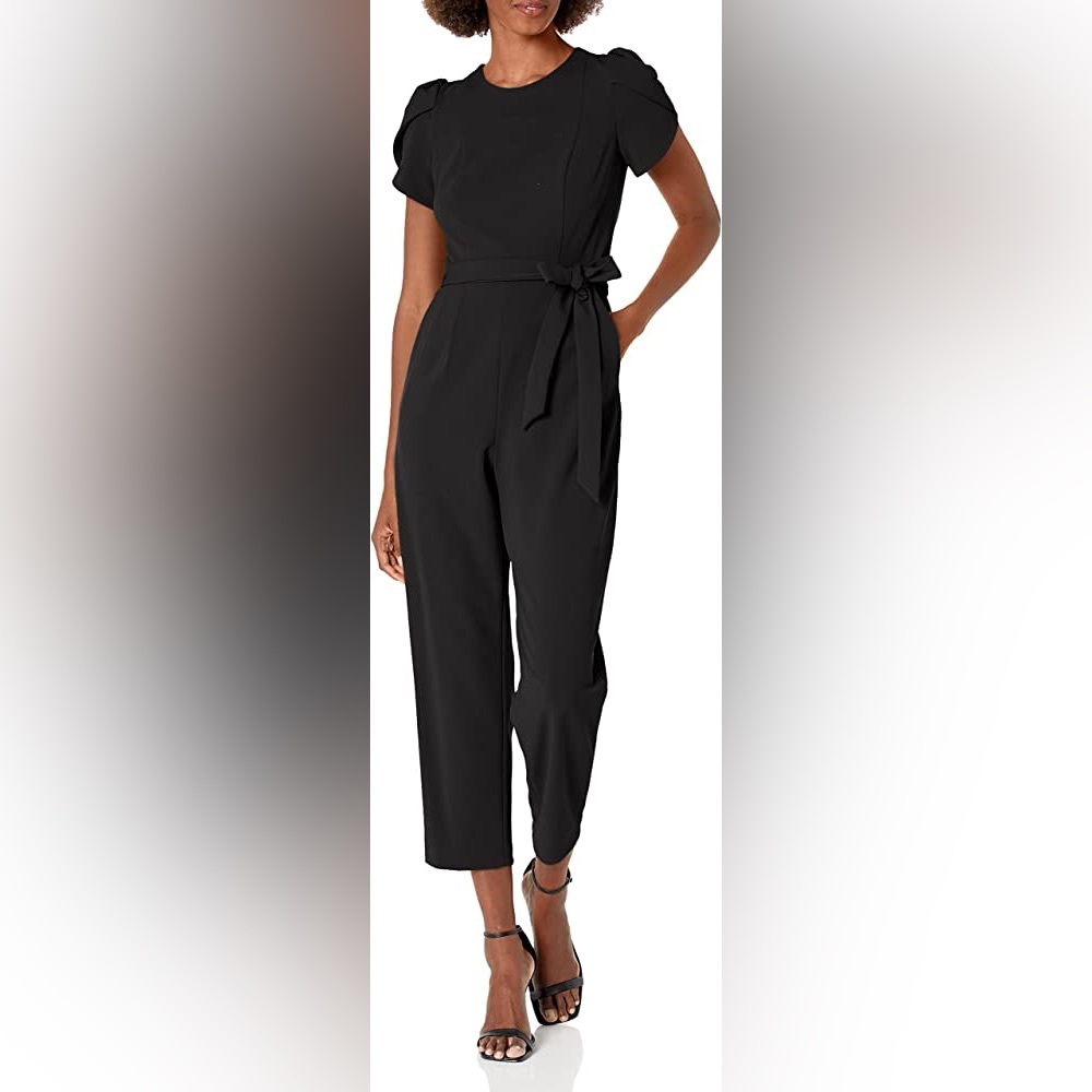 Calvin Klein Black Midi Petal Sleeve Jumpsuit with Belt